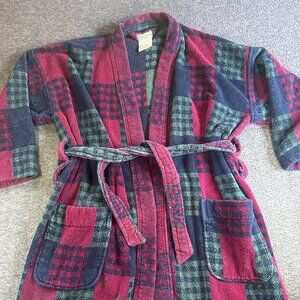 Vintage Ash Creek Dad Robe One Size Terry Cloth Plaid Navy Red Pockets Retro 80s